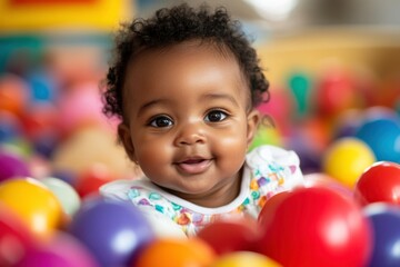 Obraz premium black baby boy playing with colorful balls