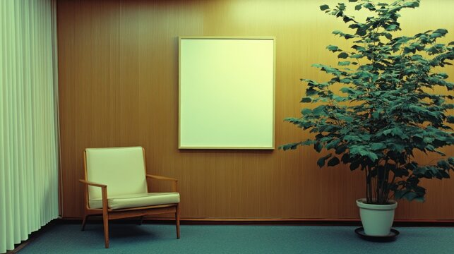 Empty waiting room with muted colors and a plant. - Powered by Adobe