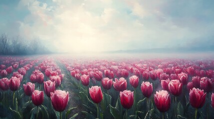 Hyper-realistic oil painting of a tulip field in early morning mist, dewy petals reflecting soft light, horizon barely visible in fog. Low camera angle. Created Using: fine oil brush detailing,