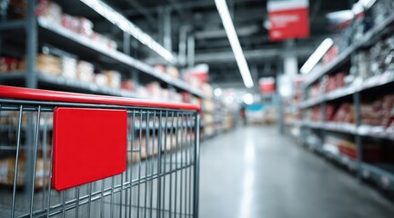 A red-handled shopping cart sits in a large, modern supermarket aisle, flanked by well-stocked shelves; the focus is shallow, blurring the background