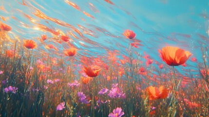 Obraz premium Impressionist painting of a sun-drenched flower field, poppies and cornflowers scattered in shimmering light, rolling waves of color and texture. Mid-range view. Created Using: high chroma oil paint,