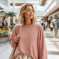 Beautiful young woman wearing oversized long sleeve t-shirt strolls through shopping center. Vacation, urban lifestyle outfit. Modern women dusty rose sweatshirt mockup