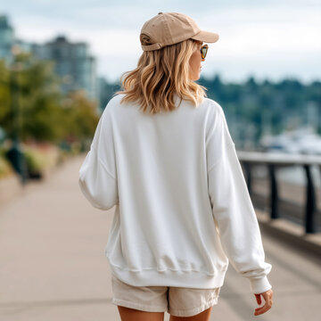 Young female model in cap dressed in oversized long sleeve t-shirt, shorts holds coffee cup, walking among the city street. Urban lifestyle outfit. Modern women white sweatshirt back side mockup