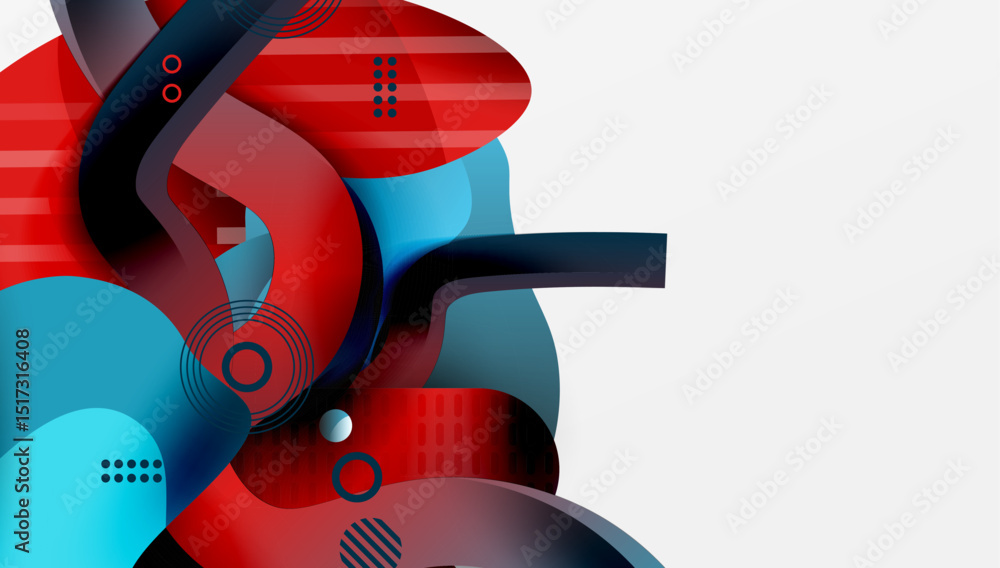 Poster Abstract design features overlapping red, blue shapes. Circles, lines create dynamic composition. Modern aesthetic, clean presentation.