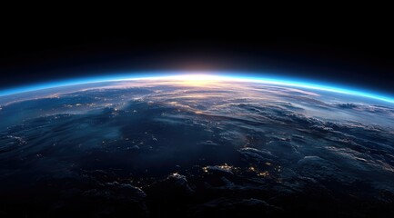 Fototapeta premium A breathtaking sunrise over Earth viewed from space, showcasing the planet's curvature, atmosphere, and city lights scattered across the night side. Dark space provides a stark contrast