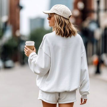 Young female model in cap dressed in oversized long sleeve t-shirt, shorts holds coffee cup, walking among the city street. Urban lifestyle outfit. Modern women white sweatshirt back side mockup