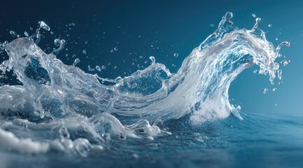 Dynamic water splash, a wave cresting and breaking against a deep blue backdrop, showcasing translucent droplets and texture