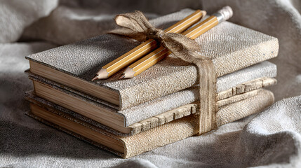Stack of Vintage Books and Pencils Rustic Still Life Photography