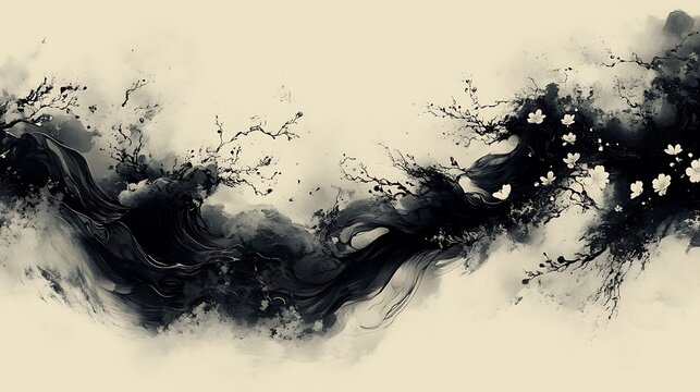 Stylized floral ocean in ink, resembling crashing waves made of plum blossoms, monochrome black and grey tones. Abstract wave crests, flowing toward right.