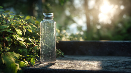 Empty Glass Water Bottle in a Sunny Forest Setting Promoting Hydration and Sustainability