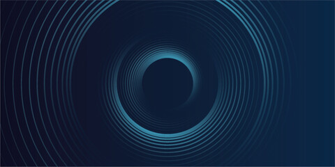 Abstract blue glowing geometric lines on dark blue background. Modern shiny blue circle lines pattern. Futuristic technology concept. Suit for cover, poster, banner, header, website.eps10