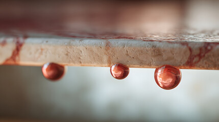 Macro Photography Red Droplets Hanging from Marble Edge