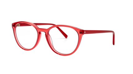Close up of red framed glasses on a transparent background studio