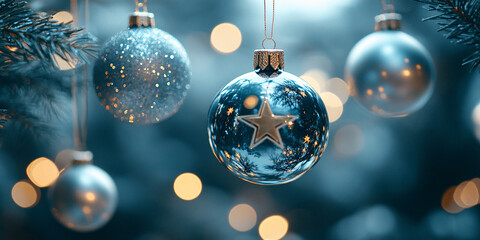 Close-up of elegant blue and silver Christmas ornaments hanging on a decorated tree.