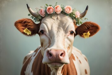 A cow adorned with a floral crown.  Close-up portrait
