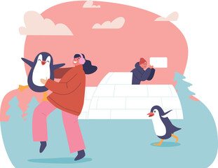 Children playing penguin building igloo
