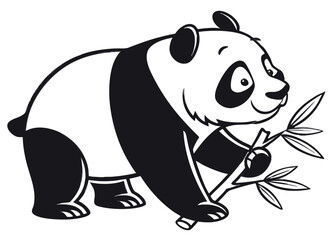 Fototapeta premium Adorable smiling panda bear eating bamboo cartoon illustration black and white vector art