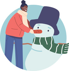 Girl child sculpting snowman vector illustration