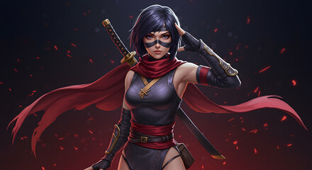 Female ninja warrior with sword and mask in Transparent Background