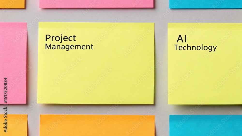 Poster successful project management. colorful sticky notes displaying terms related to project management 