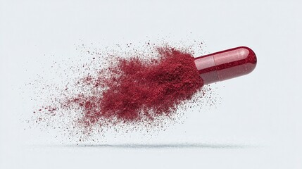 Red capsule exploding in a cloud of powder.