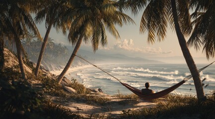 Serene sunset view from a hammock nestled between palm trees on a sandy cliff overlooking a vast ocean with crashing waves and a distant shoreline