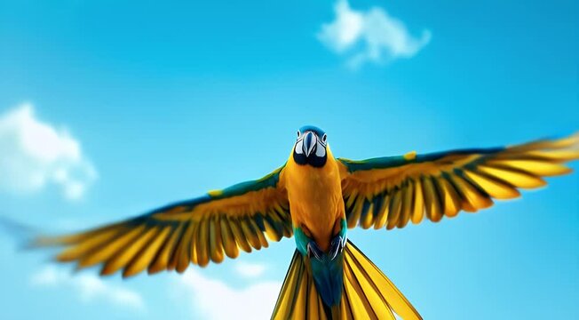 Vibrant blue and gold macaw in flight against a clear blue sky