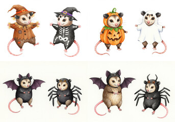 Naklejka premium Possum Pals Halloween Costumes - Eight adorable possums dressed in whimsical Halloween costumes. A charming and festive autumnal scene, perfect for seasonal greetings. Symbolizing fun, creativity