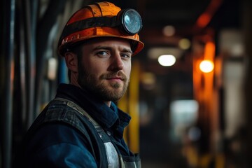 worker with flashlight and safety helmet
