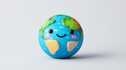 Chibi Kawaii Earth with Smiling Face on White Background. The kawaii design captures a playful and cheerful aesthetic, perfect for eco-friendly messages, educational content, or children's materials. 
