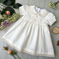 Elegant white dress for a baby girl with lace details and floral decorations