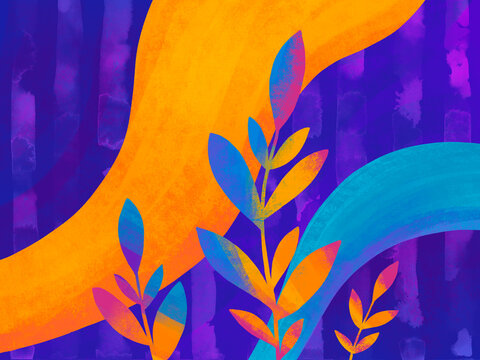 Colorful abstract design with vibrant shapes and leaves