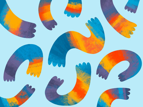 Colorful abstract hand designs on blue background