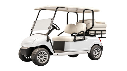 Isolated white golf cart with black frame on a transparent background
