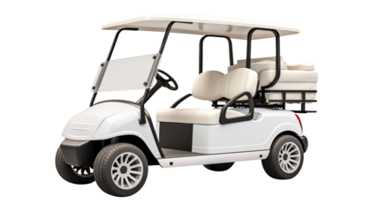 Isolated white golf cart with black frame on a transparent background