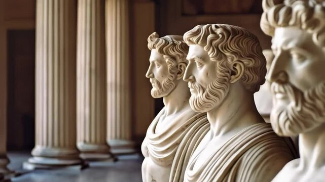 Row of classical male statues in marble, exhibiting details of beard, hair, and drapery within a backdrop of architectural columns.