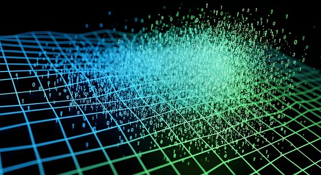 A dynamic grid of blue and green lines overlaid with binary code and abstract data particles, representing a flow of digital information.