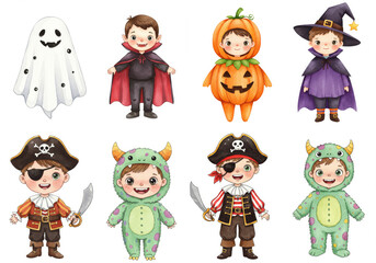 Adorable Halloween Boys Costumes Clipart - Cute watercolor Halloween clipart featuring two boys in various costumes: ghost, vampire, pumpkin, wizard, pirate, and monster. Perfect for seasonal designs