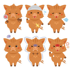 様々な状態のイノシシのキャラクターイラストセット