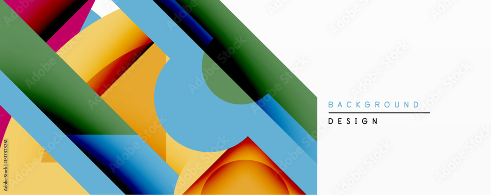 Poster abstract geometric shapes overlap, creating vibrant color gradients. design features yellow, blue, g