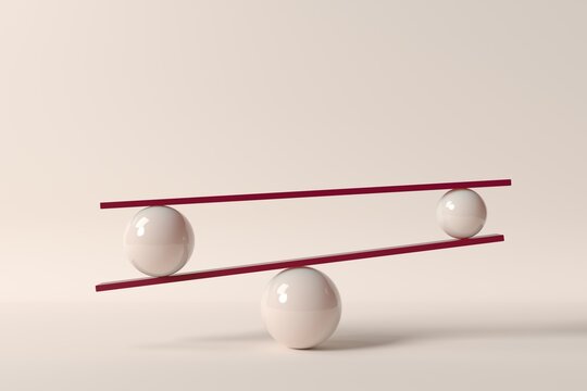 Glossy spheres balancing red planks on neutral background