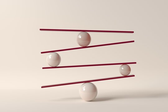 Minimalist 3D balance structure with four spheres and red planks