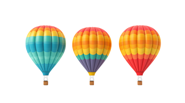 Three colorful hot air balloons against a transparent background