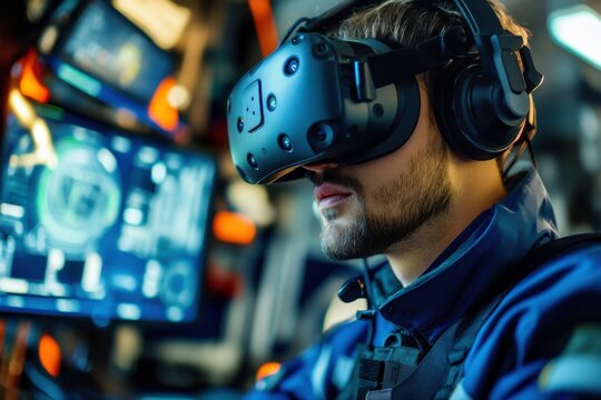 man wear VR device at arcade - Powered by Adobe