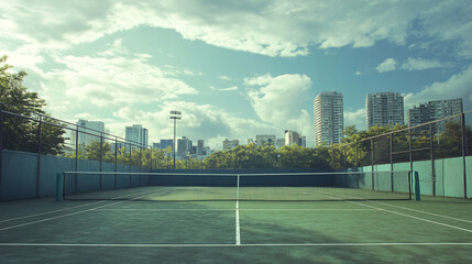 Empty Tennis Court Surrounded by Urban Skyscrapers Under Clear Blue Sky. The setting depicts tranquility and urban recreation, ideal for health, sports, and outdoor-themed concepts.
