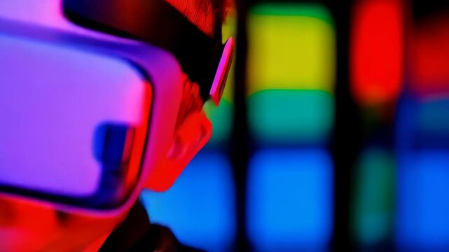 Close-up of person wearing pink virtual reality headset with colorful lighting, digital world, modern technology and futuristic concept