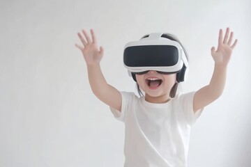 young boy happy wearing virtual reality device
