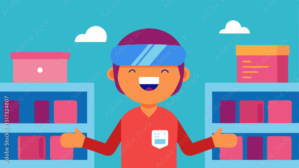 Poster a cheerful character wearing a vr headset stands in front of a digital aisle lined with floating she