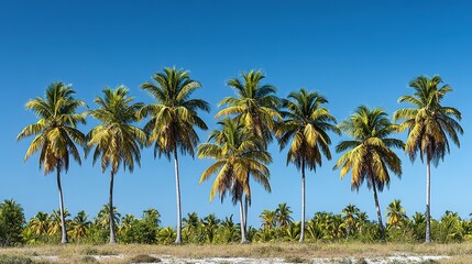 Obraz premium Row of coconut palm trees against a vibrant blue sky.