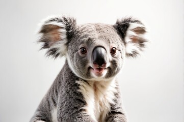 Close-up of a koala, looking directly at viewer.  Fluffy, gray fur,  wide-eyed, happy expression